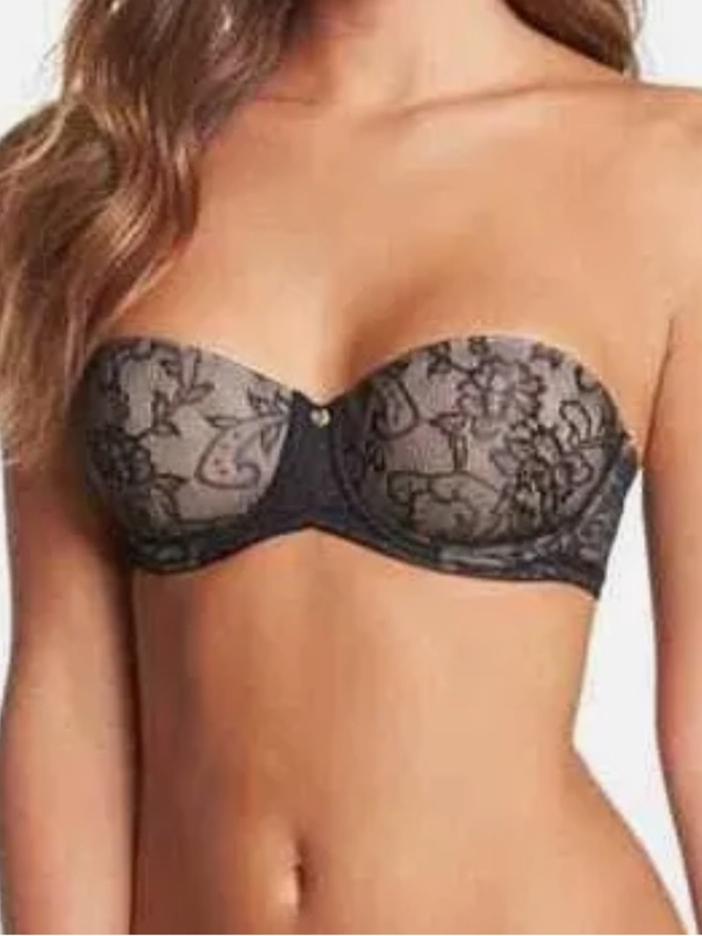 Natori  Calais Strapless Bra 34 B Underwire, Molded Black/Nude Lace